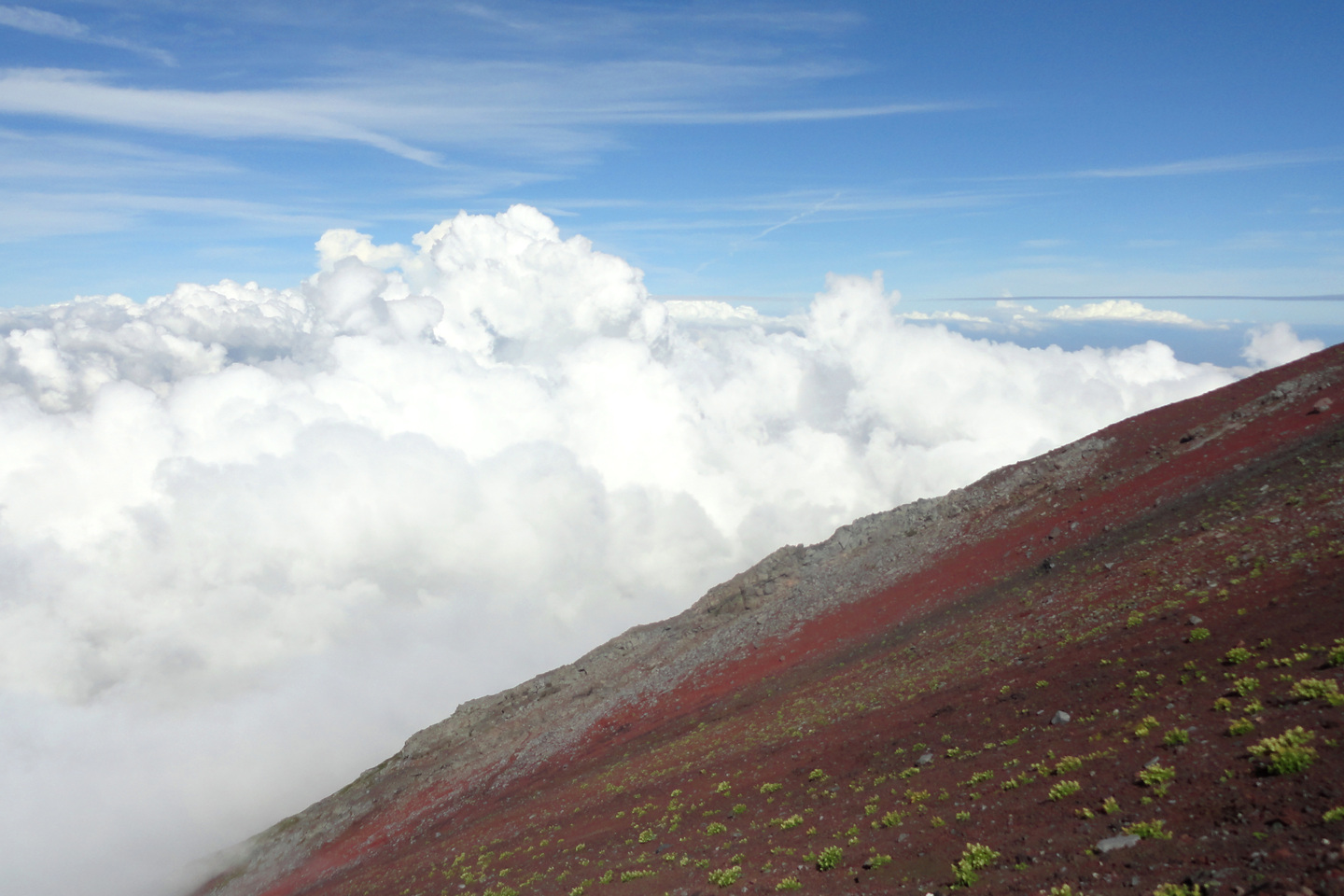 富士山の登山道から望む火山斜面と雲海