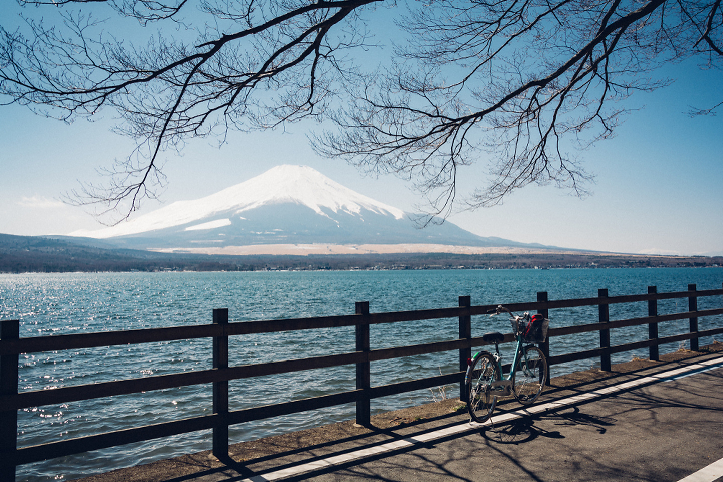 山中湖畔のサイクリングロードに停めた自転車と富士山