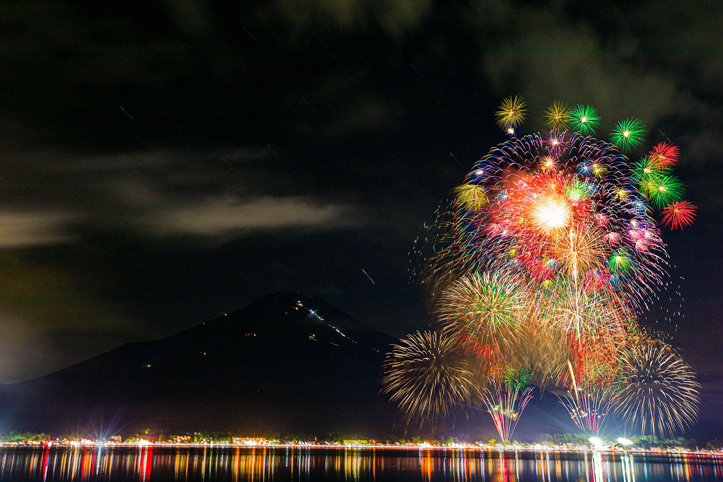 山中湖の夜空と湖面を彩る報湖祭の花火